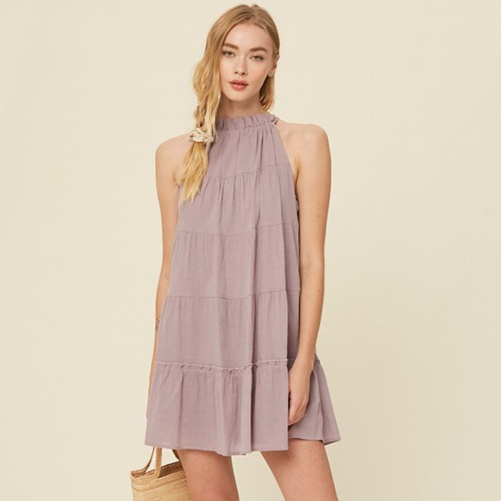 Listicle Lavender Cotton Halter Neck Tiered Dress